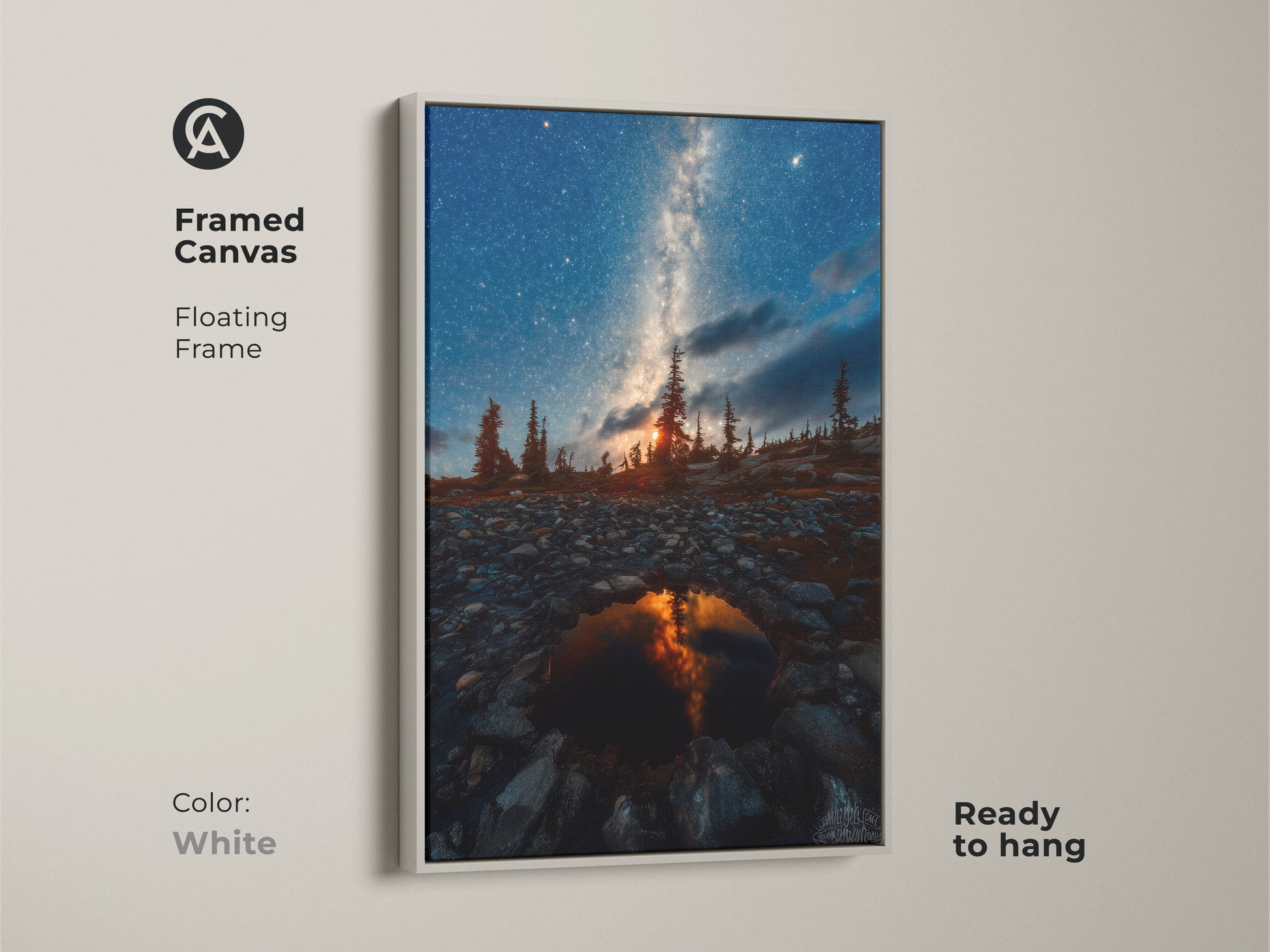 Framed Milky Way canvas print with a floating white frame. This deep blue and orange reflection art is ready to hang. Perfect for bringing nature indoors with this unique landscape art piece. The dark sky decor makes a great astronomy gift. Transform your space with cosmic journey art.