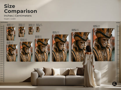 Size comparison of Venetian mask canvas prints. See the art above a sofa for scale. This baroque costume artwork transforms living spaces. The print is available in various sizes. Choose the perfect fit for your eclectic home decor. Enjoy this masquerade ball decor.