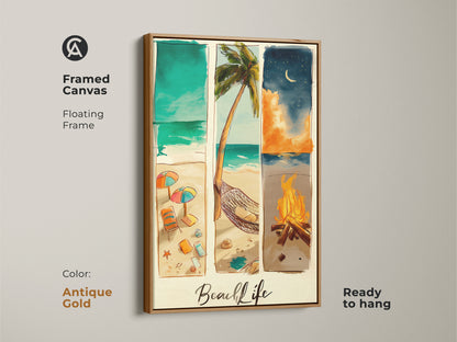 Framed canvas beach life artwork. The antique gold floating frame adds a touch of elegance. This beach art is ready to hang. The artwork features a collage of a sandy beach and a bonfire.