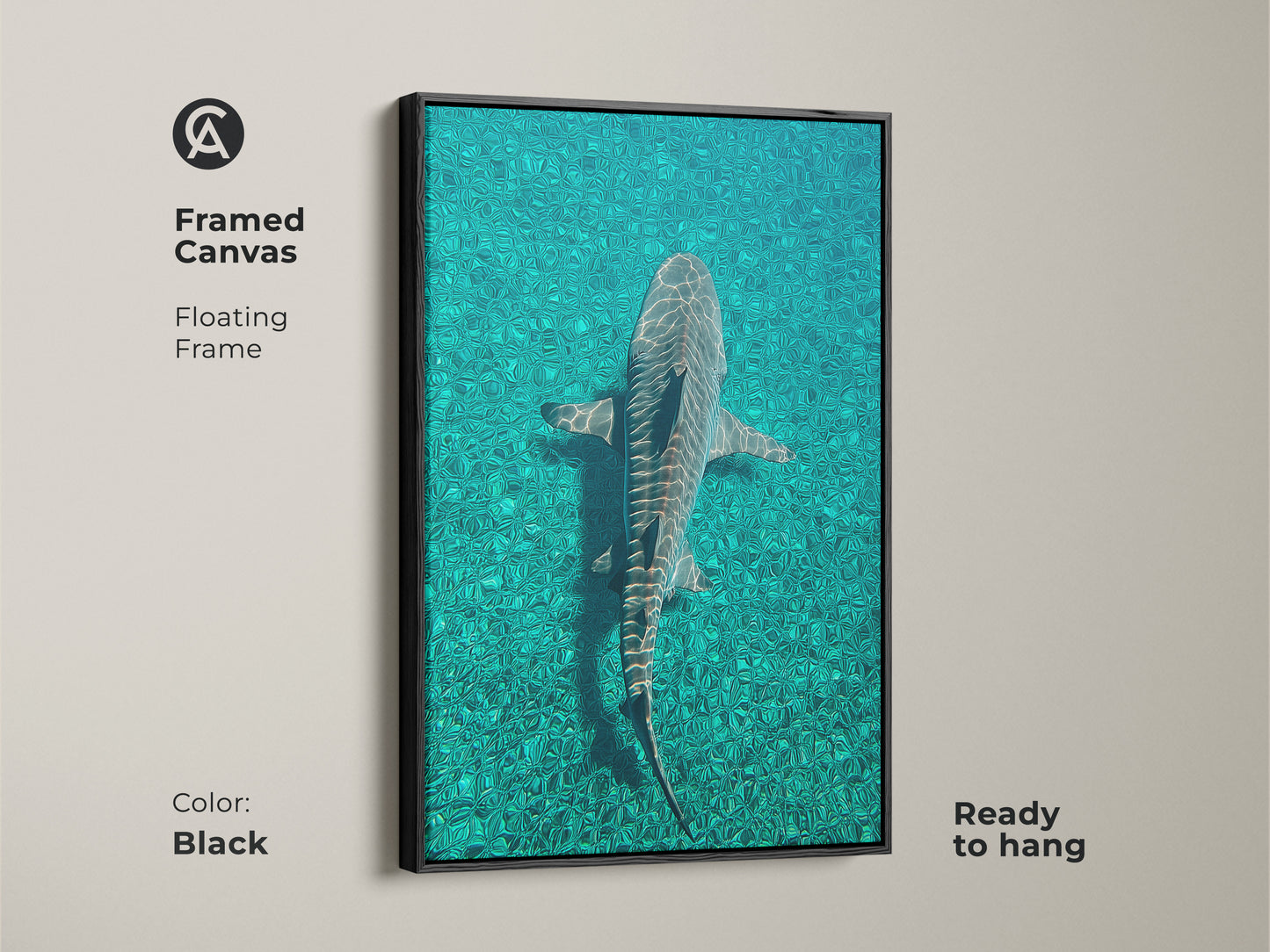 Framed canvas with a black floating frame featuring a tiger shark in teal ocean water. This ready to hang artwork adds a coastal touch. The deep blue underwater scene enhances modern spaces. Perfect for housewarming gift ocean.