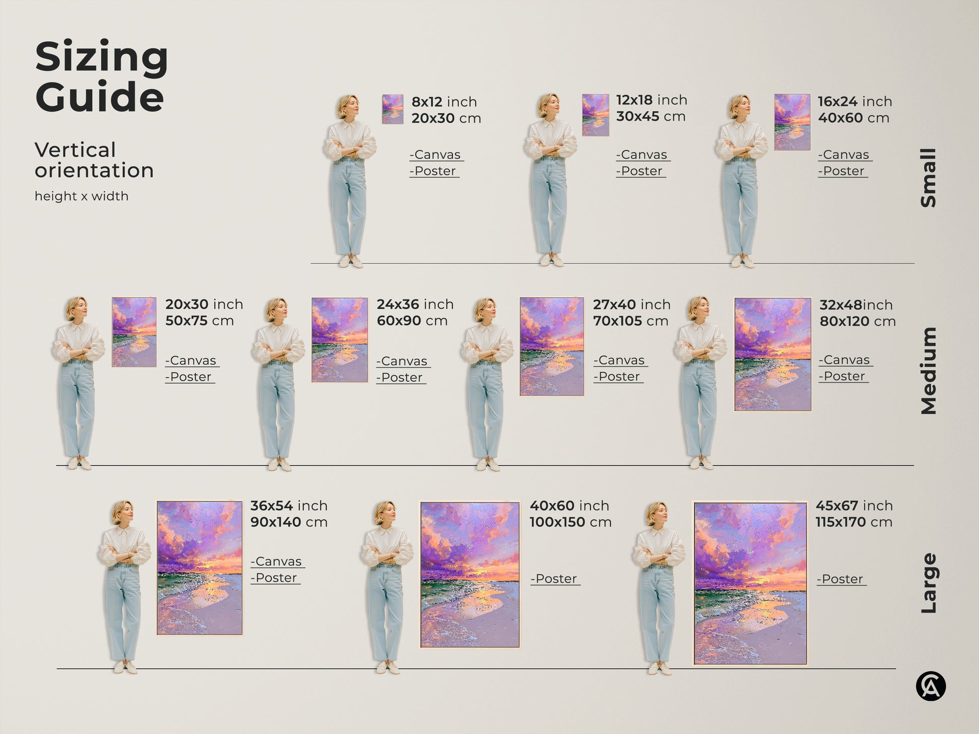 Sizing guide showing ocean sunset canvas art and poster prints. See vertical orientation height and width options. Visualize small medium and large sizes with a model. Perfect for planning your coastal bedroom art.