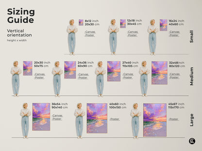 Sizing guide showing ocean sunset canvas art and poster prints. See vertical orientation height and width options. Visualize small medium and large sizes with a model. Perfect for planning your coastal bedroom art.