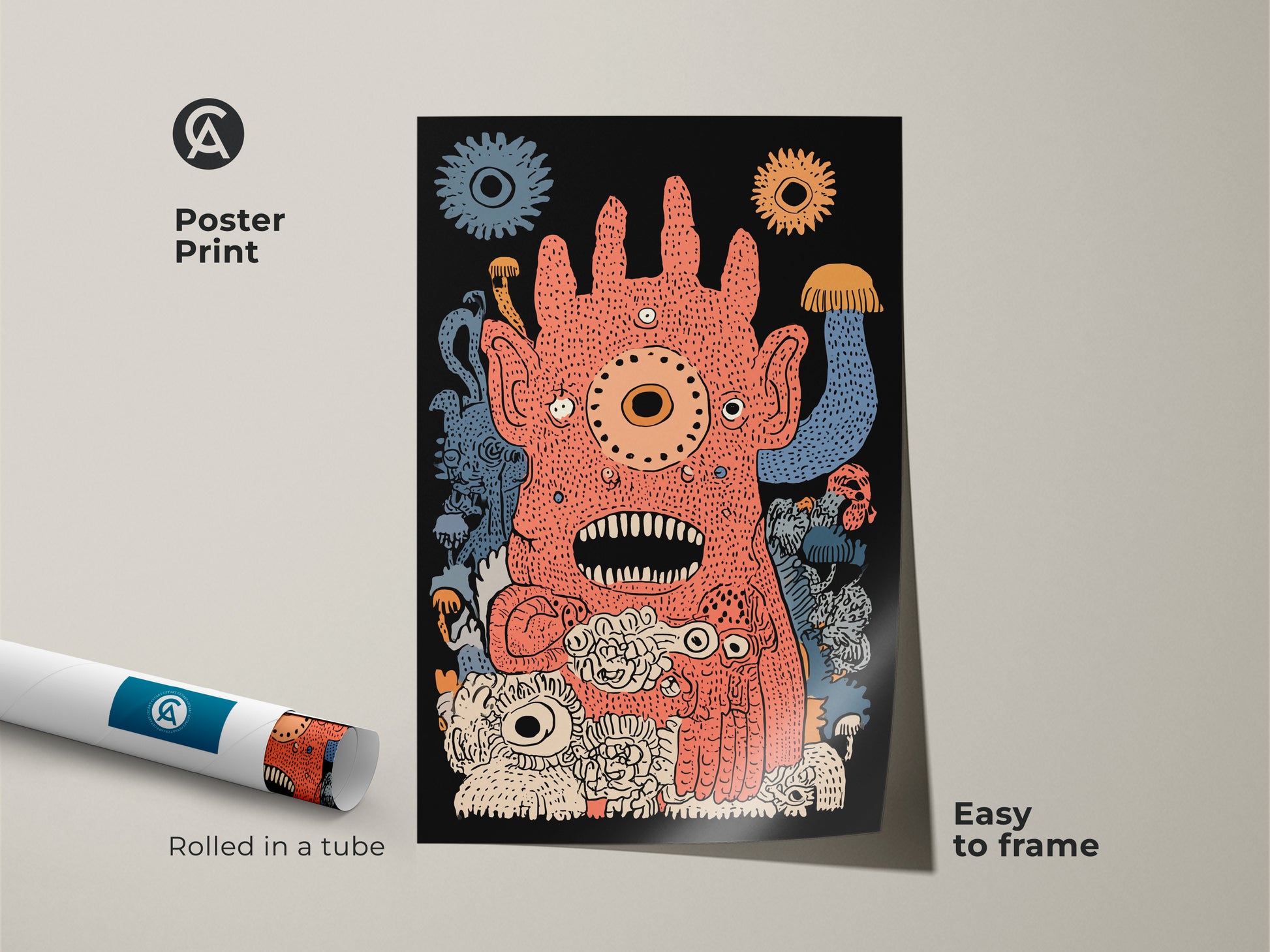 Poster print of abstract creature wall art. The orange and blue surreal print comes rolled in a tube. This whimsical monster artwork is easy to frame. This fantasy art for kids makes unique wall decor. It's an ideal gift for art lovers.