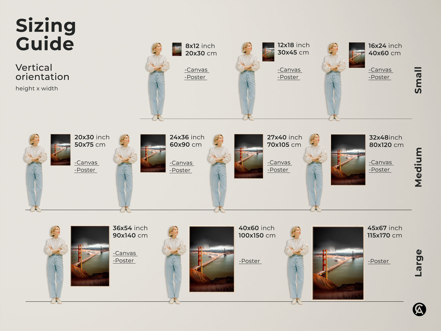 Sizing guide for Golden Gate Bridge art. See vertical orientation options in canvas and poster prints. Find the perfect fit for your space with small medium and large sizes available. Enhance your home decor.