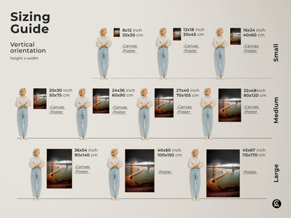 Sizing guide for Golden Gate Bridge art. See vertical orientation options in canvas and poster prints. Find the perfect fit for your space with small medium and large sizes available. Enhance your home decor.