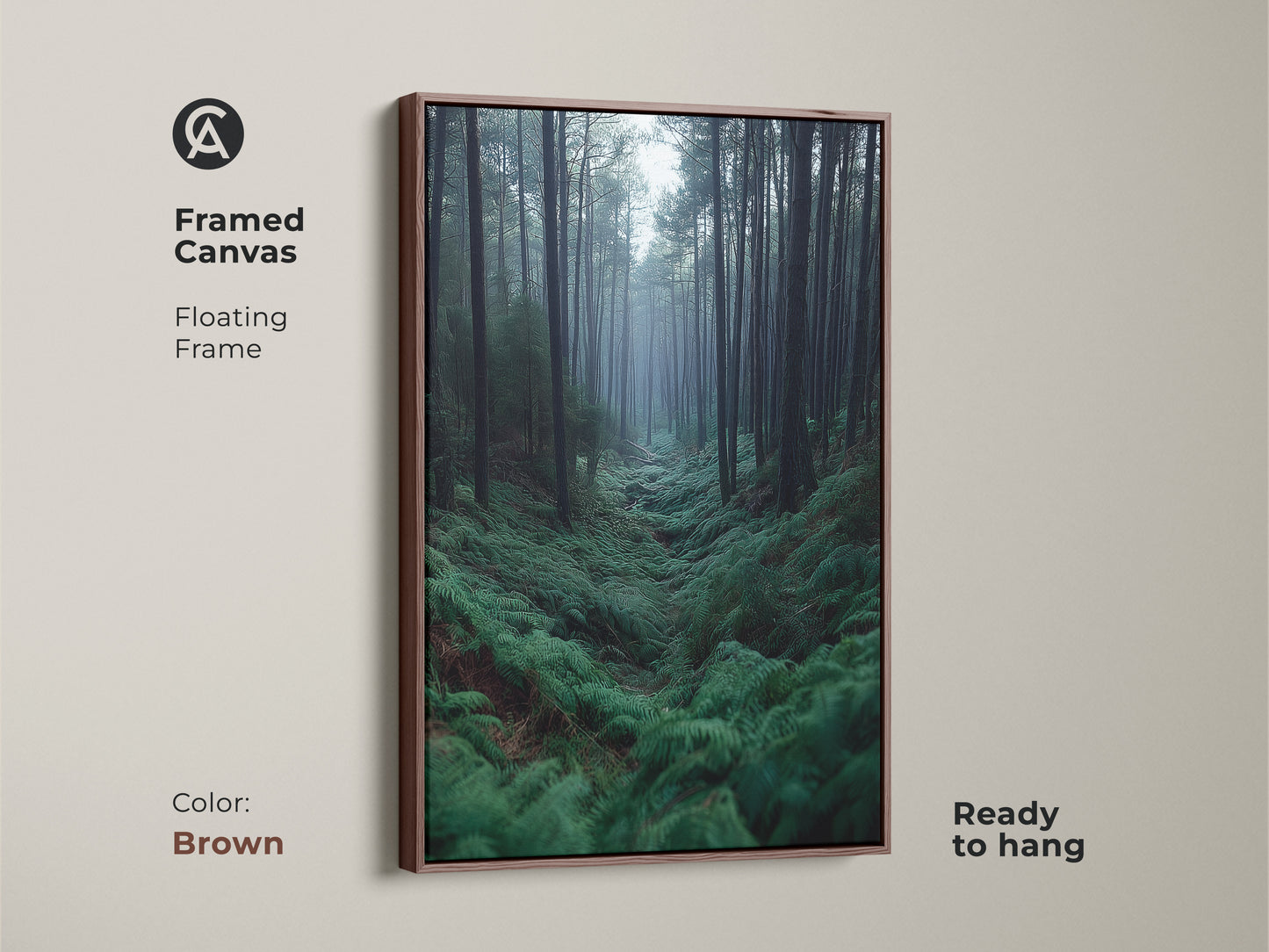Framed canvas of Misty Forest artwork. This nature escape canvas print features a floating brown frame. It's a serene woodland art piece. A thoughtful housewarming gift for him.
