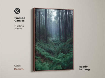 Framed canvas of Misty Forest artwork. This nature escape canvas print features a floating brown frame. It's a serene woodland art piece. A thoughtful housewarming gift for him.