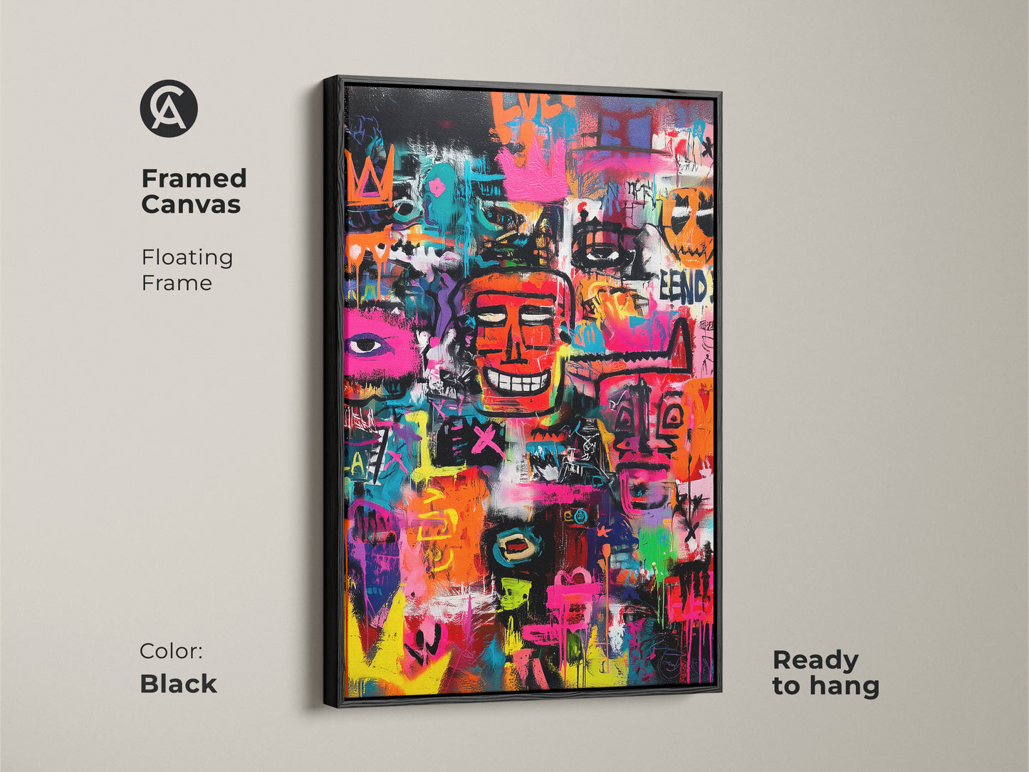 Framed canvas featuring colorful graffiti art. The floating frame adds a touch of sophistication. This ready-to-hang artwork has a black frame. It will bring an urban edge to your home decor. Shop now to elevate your space.