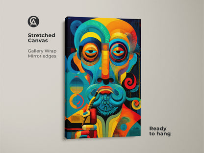 Stretched canvas print of an abstract man with a pipe. The gallery wrap has mirrored edges. The teal blue and orange art is ready to hang. It's a unique home decor choice.