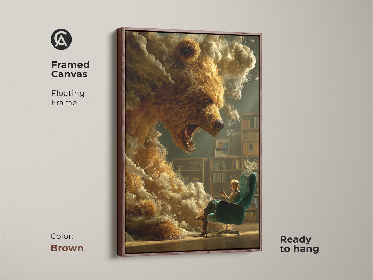 Framed canvas showcasing surreal bear art. A brown floating frame adds elegance. This art is ready to hang. This wall decor is perfect for a home library. Consider this literary themed artwork.