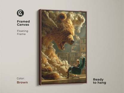 Framed canvas showcasing surreal bear art. A brown floating frame adds elegance. This art is ready to hang. This wall decor is perfect for a home library. Consider this literary themed artwork.
