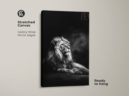 Stretched canvas art features a monochrome lion in photorealistic detail. The gallery wrap with mirror edges ensures a seamless look. This black and white animal artwork is ready to hang and transform your room.