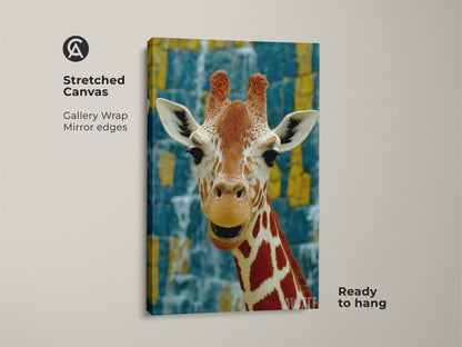 Stretched canvas featuring giraffe art print. The gallery wrap has mirrored edges. Showcases African savanna wildlife artwork. The orange yellow and blue add a bold color. This wildlife wall decor is ready to hang and will create a unique animal-themed space.