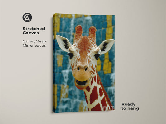 Stretched canvas featuring giraffe art print. The gallery wrap has mirrored edges. Showcases African savanna wildlife artwork. The orange yellow and blue add a bold color. This wildlife wall decor is ready to hang and will create a unique animal-themed space.