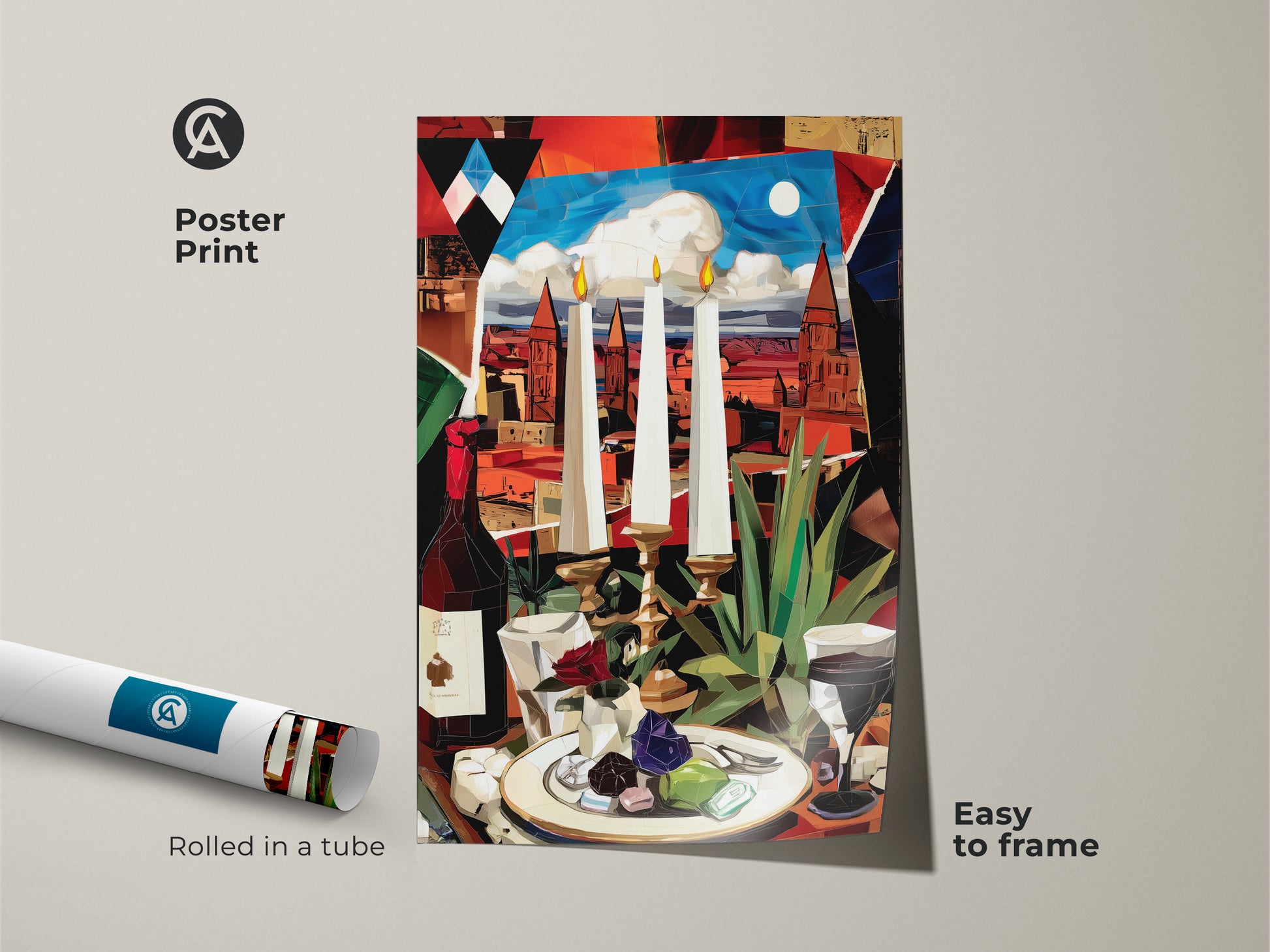 View our cubist still life poster print rolled in a tube. This easy-to-frame art features a red wine bottle candles and cityscape in an eclectic modern style. Ideal housewarming gift for any art lover.