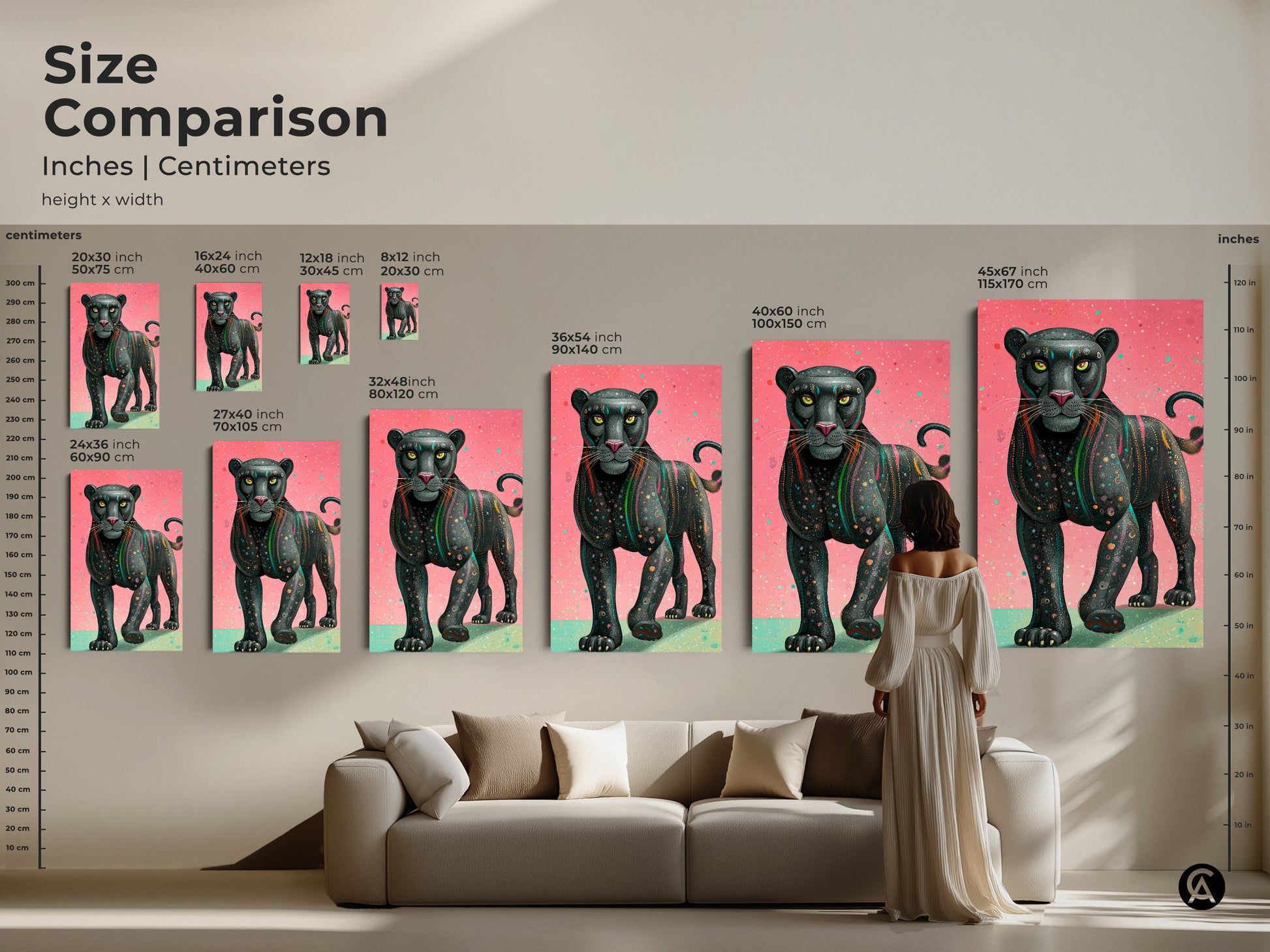 Compare sizes of the pink teal geometric panther art. Options range from 8x12 inches to 45x67 inches. The contemporary wildlife art on canvas adds a modern touch to any space. Perfect for eclectic home decor. This abstract geometric print makes a bold statement. Ideal for living rooms or offices.