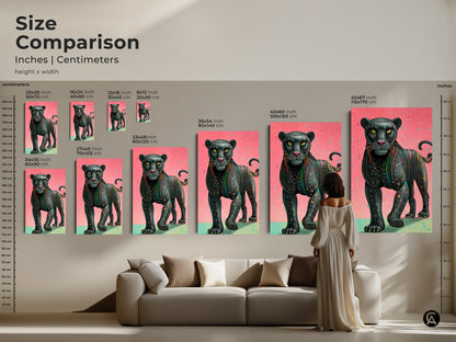 Compare sizes of the pink teal geometric panther art. Options range from 8x12 inches to 45x67 inches. The contemporary wildlife art on canvas adds a modern touch to any space. Perfect for eclectic home decor. This abstract geometric print makes a bold statement. Ideal for living rooms or offices.