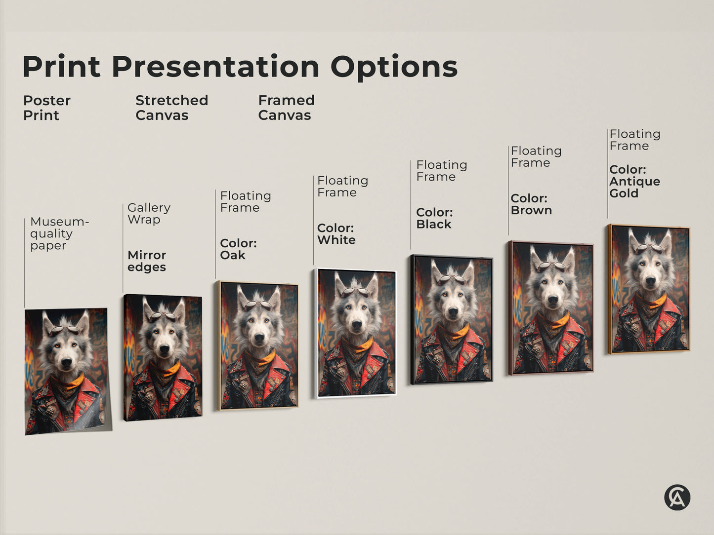 Explore print presentation options with this Biker Wolf art. Choose from poster stretched or framed canvas styles. Each piece features a wolf in aviator goggles and a red biker jacket. Ideal as motorcycle enthusiast decor or a unique biker gift for men add an edgy touch to any space