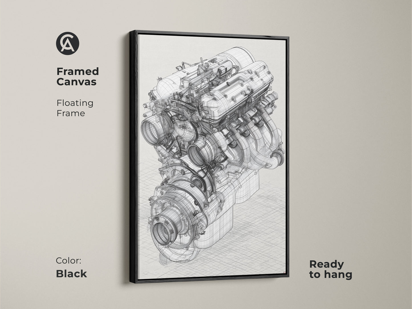 Black framed canvas automotive engine blueprint artwork. This technical drawing has a floating frame. It is a great gift idea for a car enthusiast or engineer. This artwork will add an industrial touch to any garage office or living space. This artwork is ready to hang.