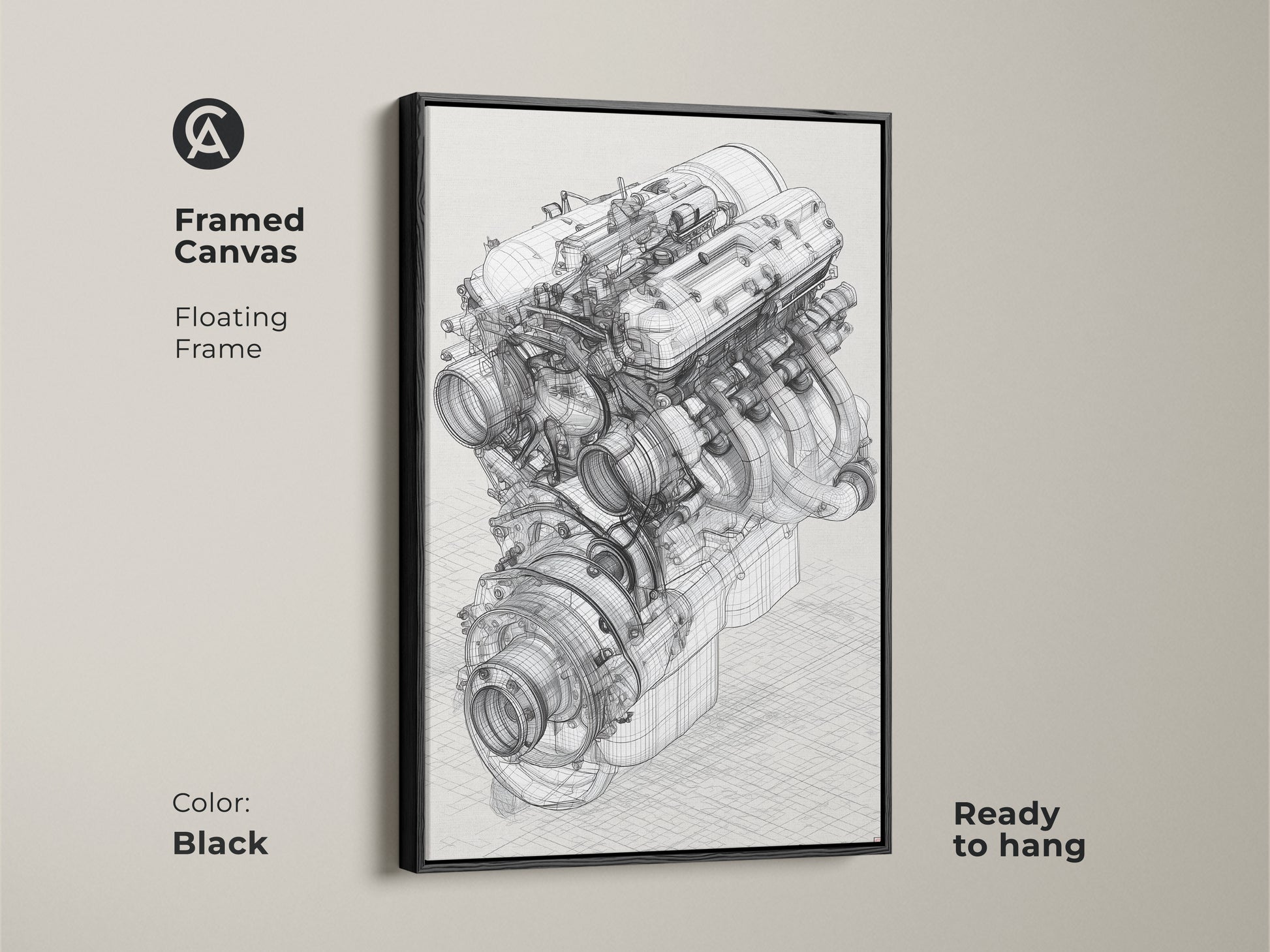 Black framed canvas automotive engine blueprint artwork. This technical drawing has a floating frame. It is a great gift idea for a car enthusiast or engineer. This artwork will add an industrial touch to any garage office or living space. This artwork is ready to hang.