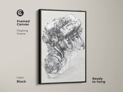 Black framed canvas automotive engine blueprint artwork. This technical drawing has a floating frame. It is a great gift idea for a car enthusiast or engineer. This artwork will add an industrial touch to any garage office or living space. This artwork is ready to hang.