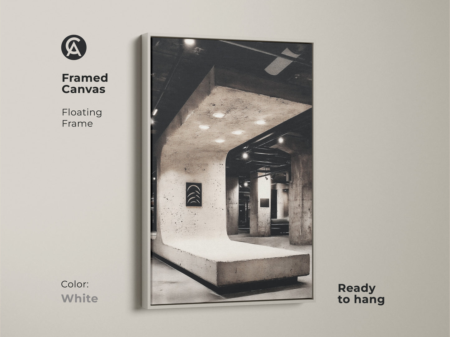 White framed canvas of concrete structure artwork offers modern appeal. Find perfect minimalist office wall decor. Ready to hang for instant style upgrade. Shop architectural photography art for a contemporary look. Enhance your space now!