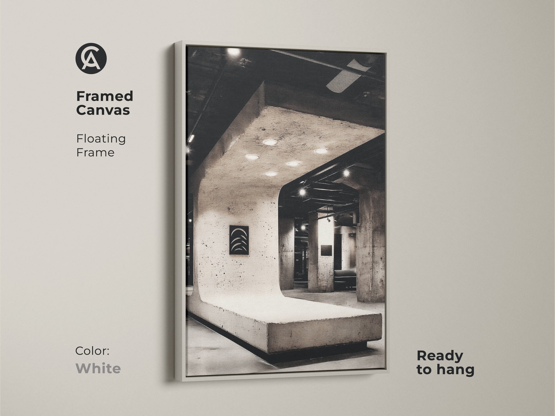 White framed canvas of concrete structure artwork offers modern appeal. Find perfect minimalist office wall decor. Ready to hang for instant style upgrade. Shop architectural photography art for a contemporary look. Enhance your space now!