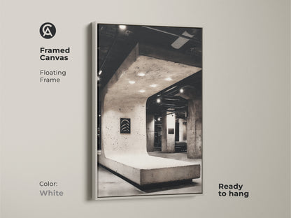 White framed canvas of concrete structure artwork offers modern appeal. Find perfect minimalist office wall decor. Ready to hang for instant style upgrade. Shop architectural photography art for a contemporary look. Enhance your space now!