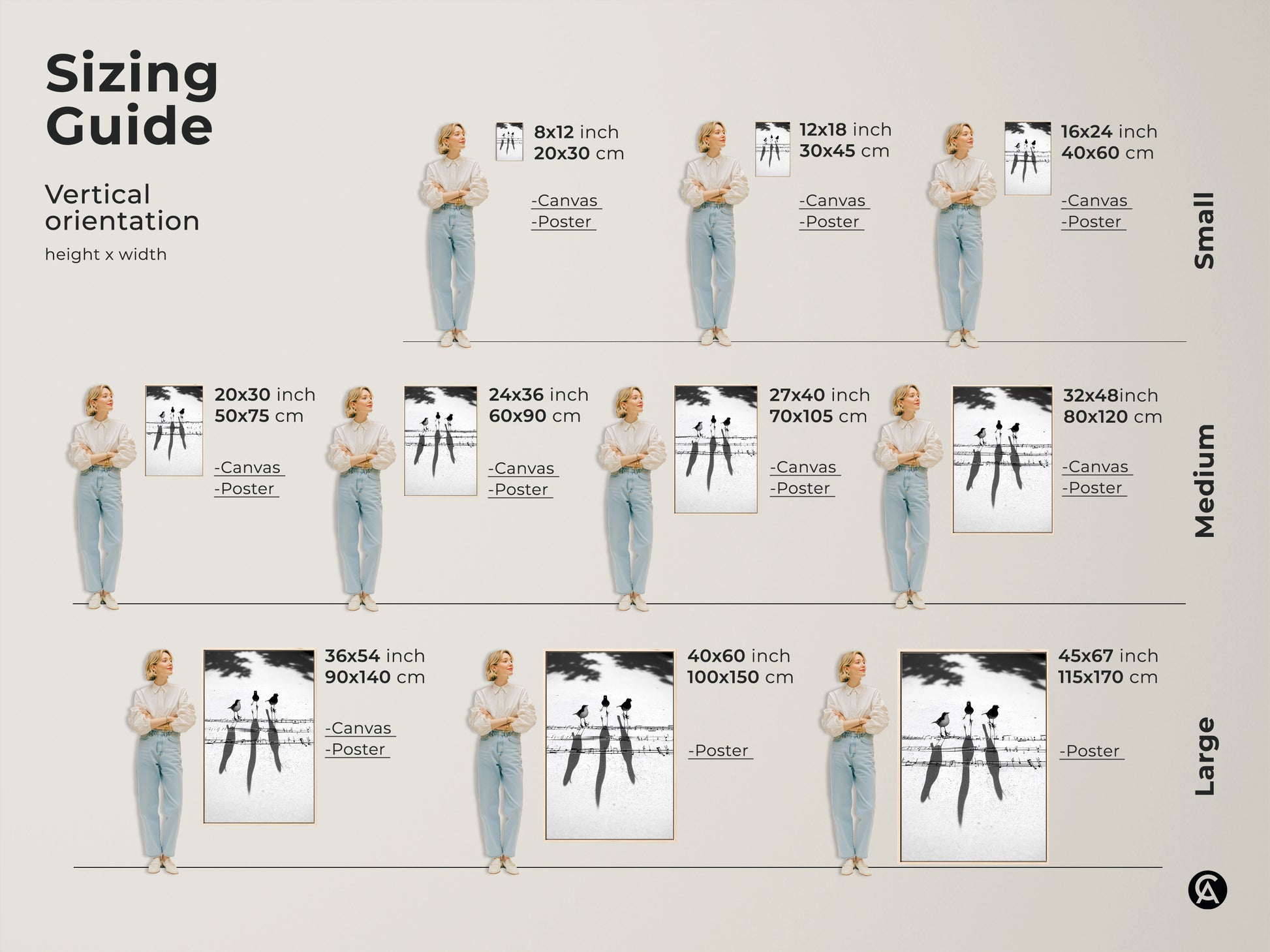 Sizing guide for minimalist bird and music notes art. See various sizes available for canvas and poster prints. Perfect for home offices studies or musician gifts.