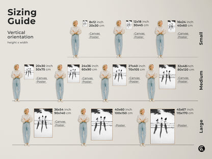 Sizing guide for minimalist bird and music notes art. See various sizes available for canvas and poster prints. Perfect for home offices studies or musician gifts.
