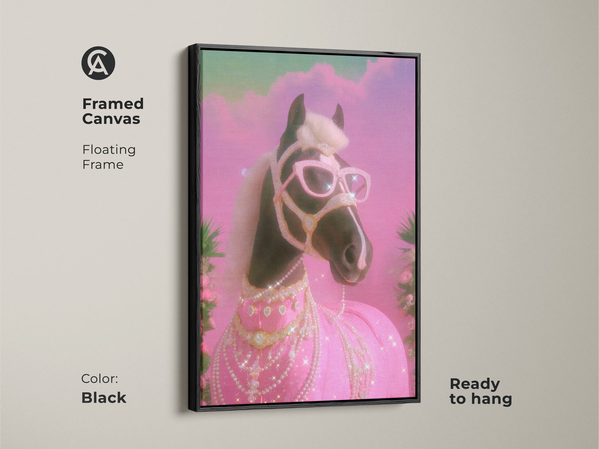 Framed Canvas of a glam horse. The black floating frame enhances the pink teal horse print. This diamond horse artwork is a pop surrealism animal art piece. It is ready to hang. Perfect for eclectic bedroom decor or as a horse lover birthday gift.