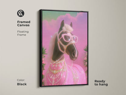 Framed Canvas of a glam horse. The black floating frame enhances the pink teal horse print. This diamond horse artwork is a pop surrealism animal art piece. It is ready to hang. Perfect for eclectic bedroom decor or as a horse lover birthday gift.