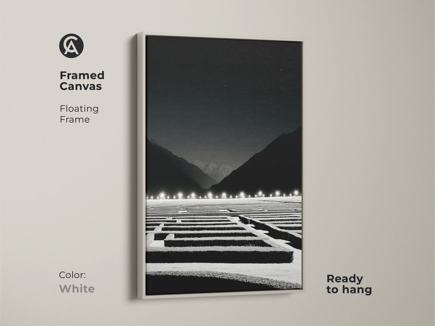 White framed canvas featuring minimalist maze artwork. The modern landscape art includes a black and white night sky. This ready-to-hang piece is perfect as an office strategy gift or wall decor.