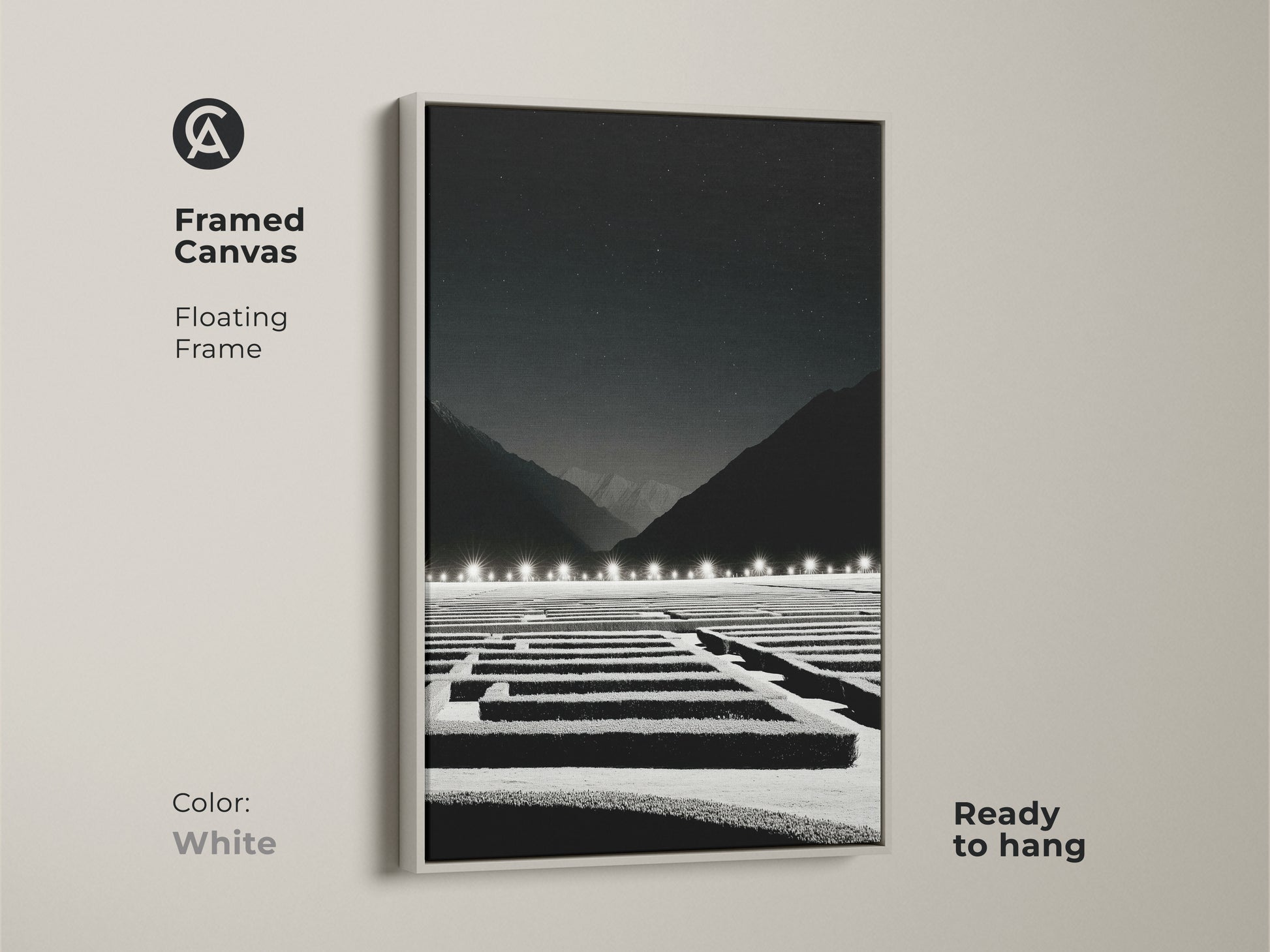 White framed canvas featuring minimalist maze artwork. The modern landscape art includes a black and white night sky. This ready-to-hang piece is perfect as an office strategy gift or wall decor.