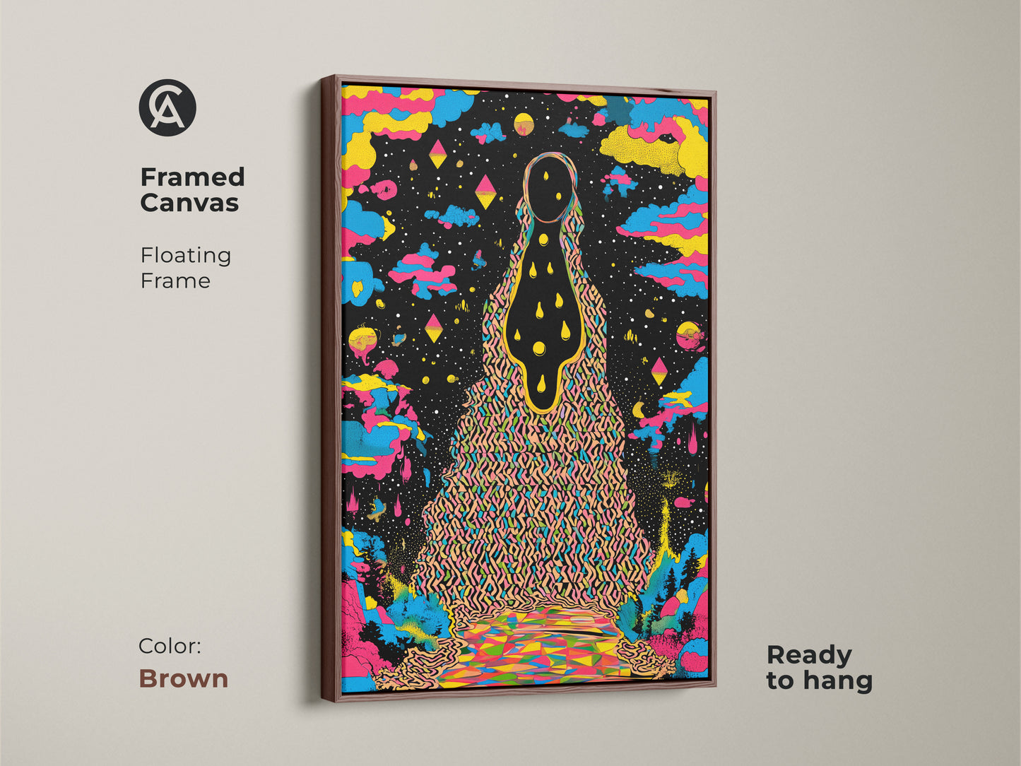 This framed canvas features psychedelic wall art in a brown floating frame.  The abstract landscape print showcases surreal cosmic art. This colorful figure art is ready to hang making it ideal for eclectic home decor. The yellow blue and black canvas art adds a unique vibrant touch. A great birthday gift for the art lover.
