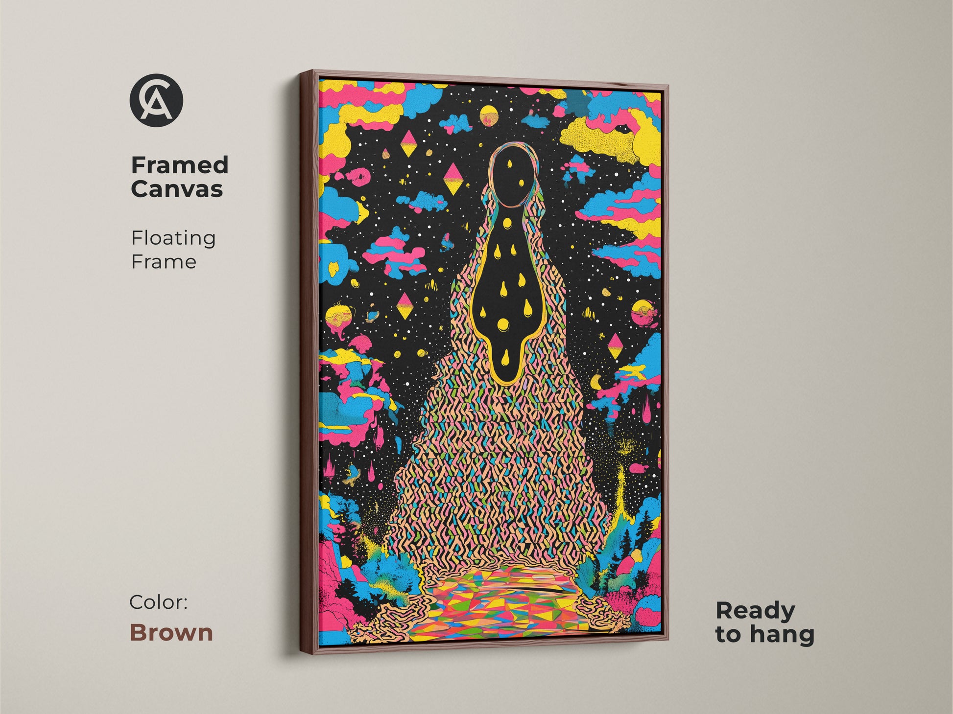 This framed canvas features psychedelic wall art in a brown floating frame.  The abstract landscape print showcases surreal cosmic art. This colorful figure art is ready to hang making it ideal for eclectic home decor. The yellow blue and black canvas art adds a unique vibrant touch. A great birthday gift for the art lover.
