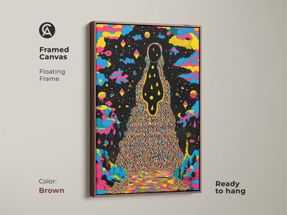 This framed canvas features psychedelic wall art in a brown floating frame.  The abstract landscape print showcases surreal cosmic art. This colorful figure art is ready to hang making it ideal for eclectic home decor. The yellow blue and black canvas art adds a unique vibrant touch. A great birthday gift for the art lover.