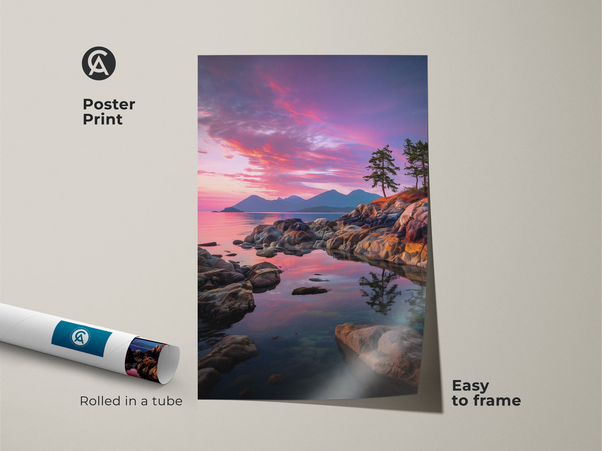 Poster print of a scenic coastal sunset with pine trees and rocky coastline. The pink purple sky art is easy to frame. Rolled in a tube for convenient shipping. This nature print is perfect for adding a touch of seaside art to any room.