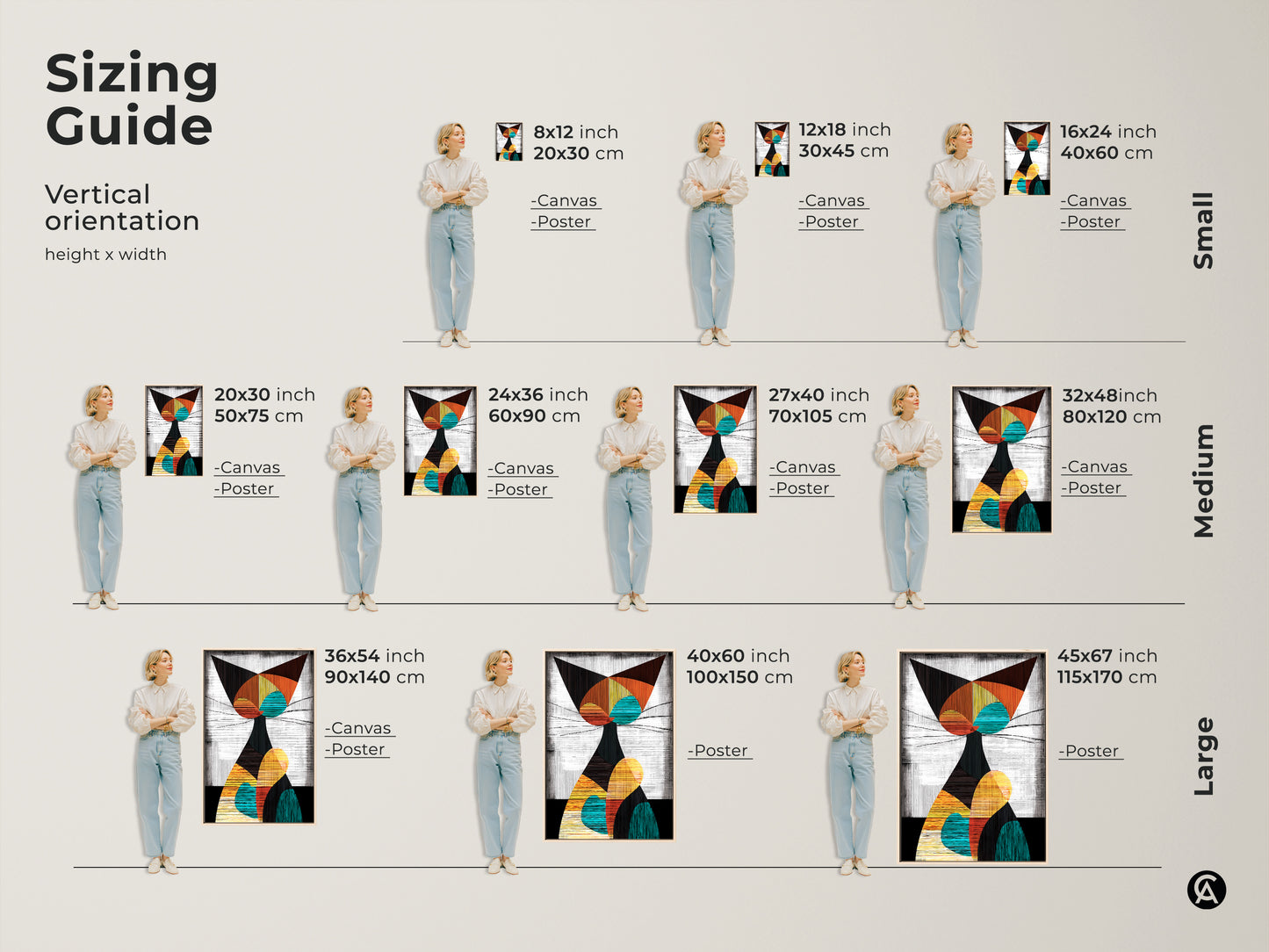 Sizing guide for geometric abstract cat wall art. Vertical orientation canvas and posters in small medium and large sizes. Find the perfect fit for your space.