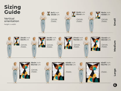 Sizing guide for geometric abstract cat wall art. Vertical orientation canvas and posters in small medium and large sizes. Find the perfect fit for your space.
