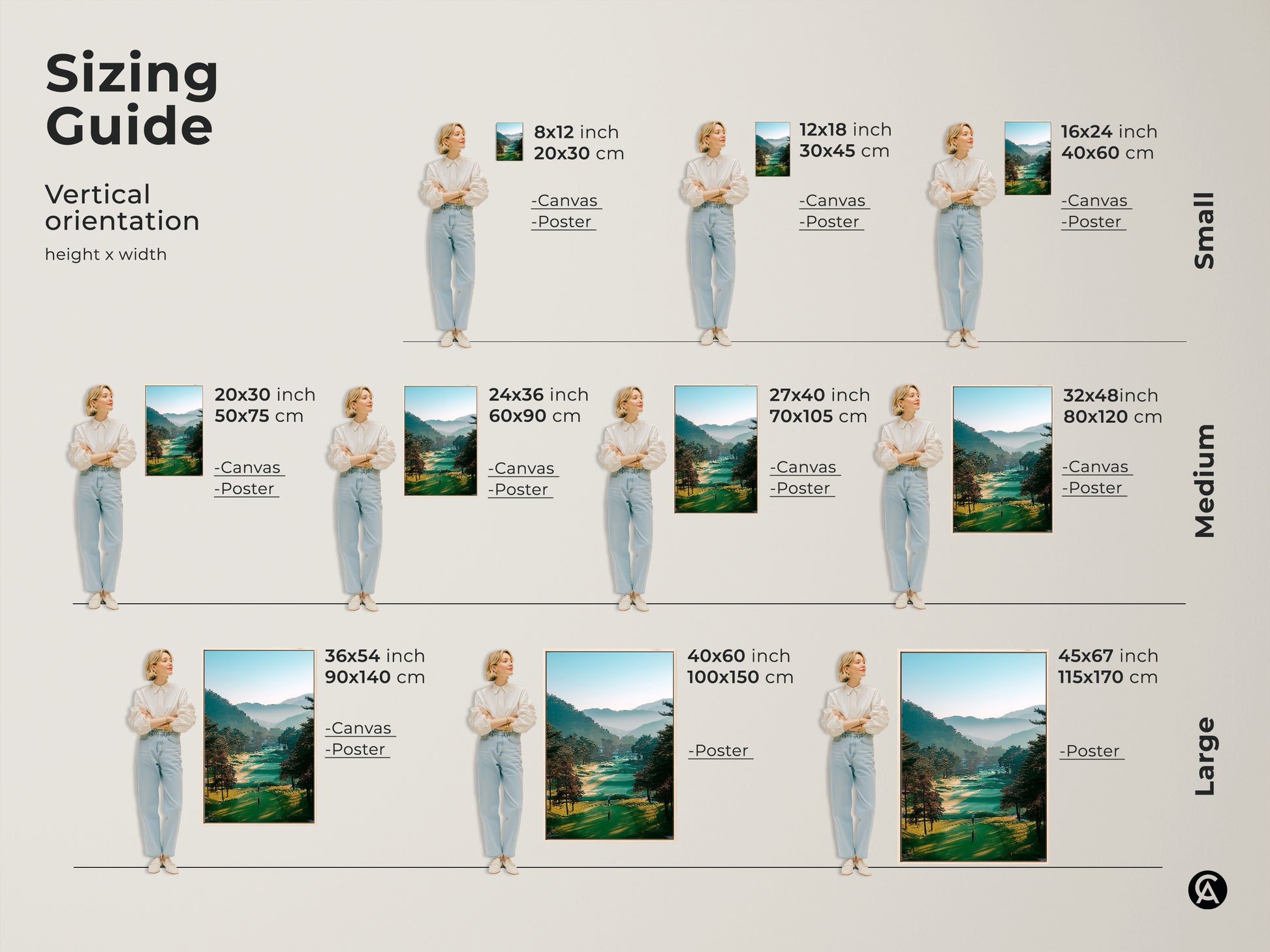 Find the perfect size for your golf course artwork. Our sizing guide shows various dimensions from small to large. Envision how each size will enhance your wall decor. Transform your space with this beautiful golf course scene.