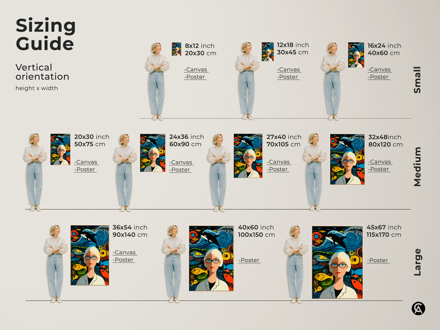 Find the perfect size for your marine biologist canvas. Our sizing guide offers small to large options. See how this eclectic teal orange and blue art fits in any space. A unique wall art print for any study office or living room.