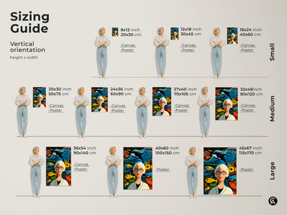 Find the perfect size for your marine biologist canvas. Our sizing guide offers small to large options. See how this eclectic teal orange and blue art fits in any space. A unique wall art print for any study office or living room.