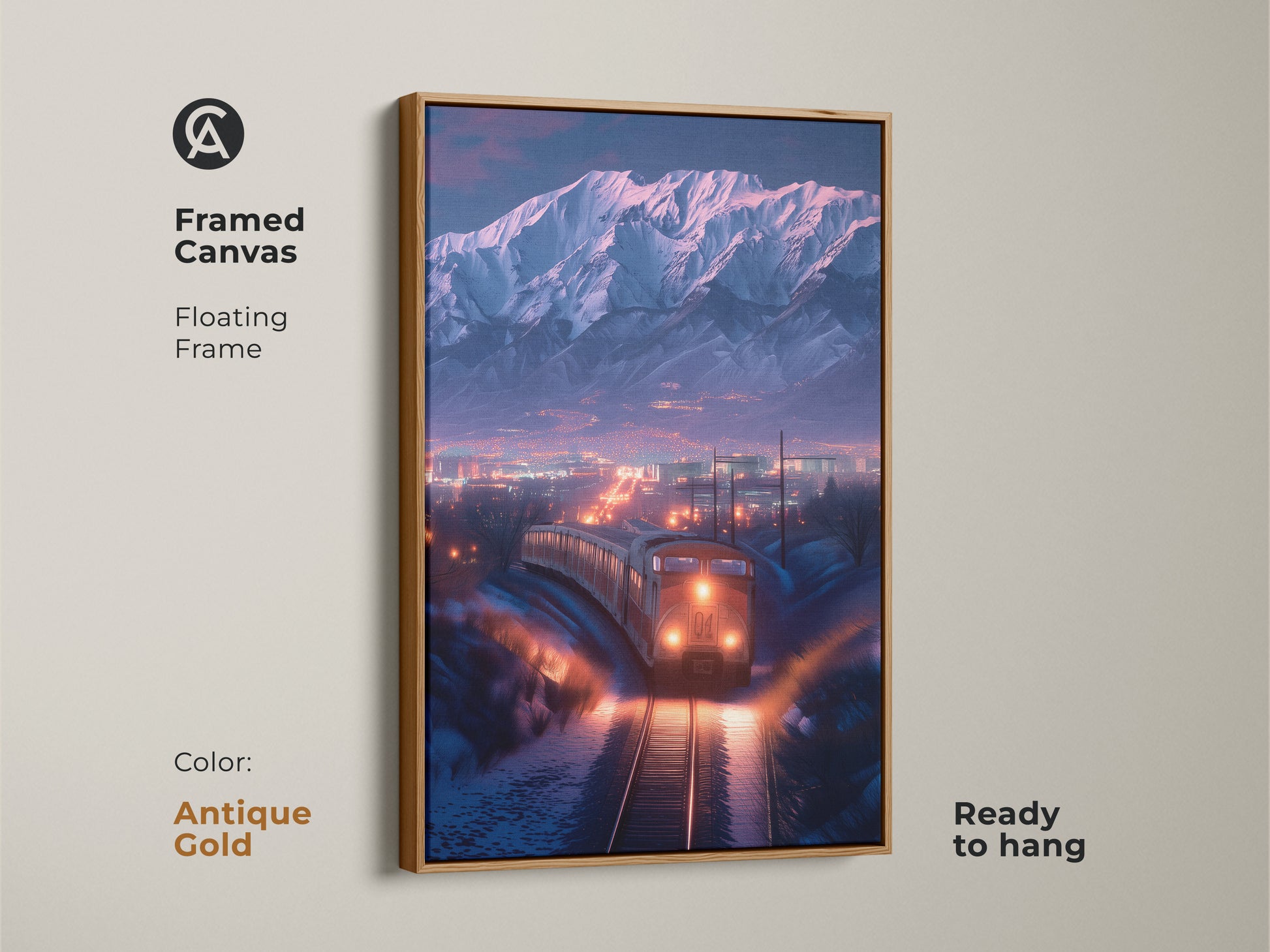 Framed canvas features a scenic winter train landscape. Antique gold floating frame highlights the mountain cityscape artwork. Ready to hang cinematic wall art with dramatic lighting. Ideal travel decor gift for those who love trains and art. This snow train artwork offers a unique and elegant touch.