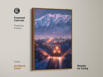 Framed canvas features a scenic winter train landscape. Antique gold floating frame highlights the mountain cityscape artwork. Ready to hang cinematic wall art with dramatic lighting. Ideal travel decor gift for those who love trains and art. This snow train artwork offers a unique and elegant touch.