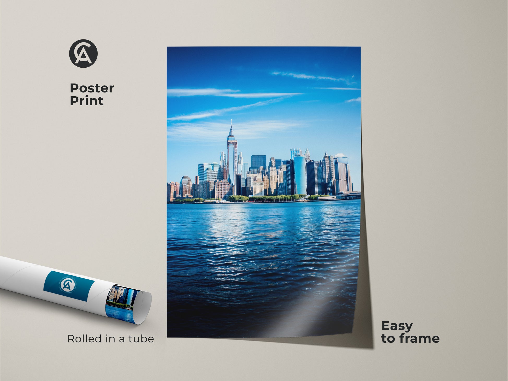 New York City skyline poster print rolled in a tube. This photorealistic NYC cityscape is easy to frame. The blue urban landmark artwork is a great travel destination art print. Ideal for New York lovers seeking contemporary decor.