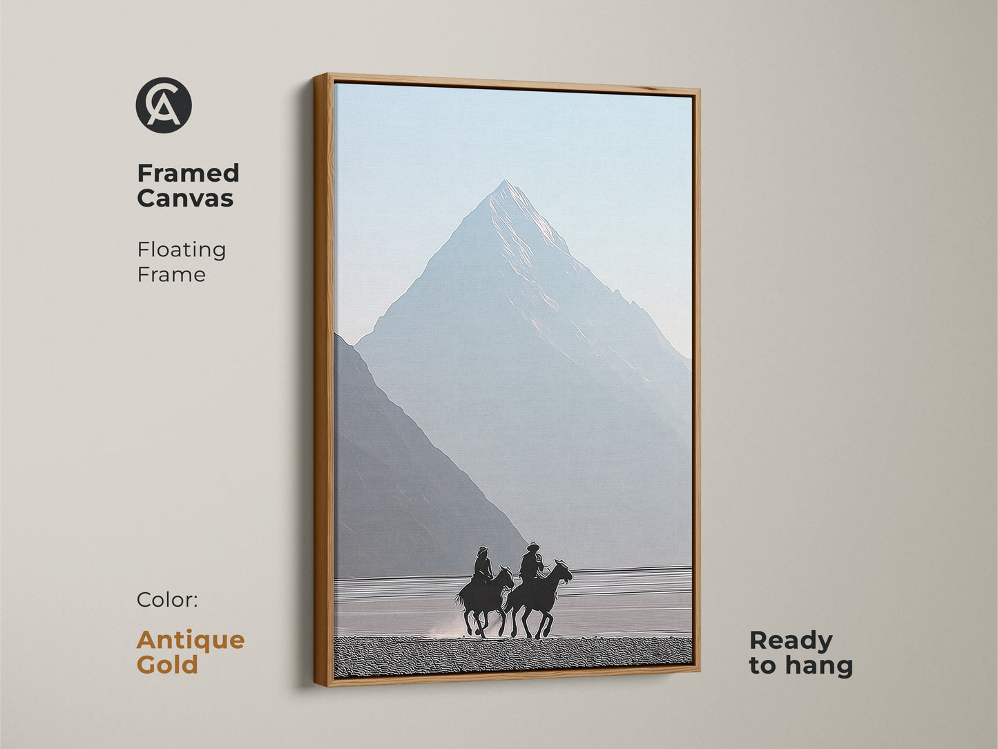 Framed canvas with an antique gold floating frame. Showcases a minimalist cowboy and horse artwork. Misty blue mountain scene creates a peaceful atmosphere. Wall decor adds a touch of classic western art to any room. Ready to hang.