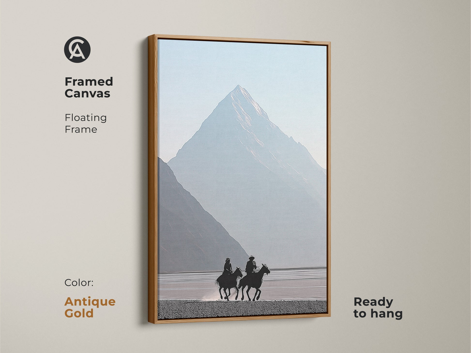 Framed canvas with an antique gold floating frame. Showcases a minimalist cowboy and horse artwork. Misty blue mountain scene creates a peaceful atmosphere. Wall decor adds a touch of classic western art to any room. Ready to hang.