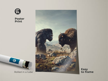 Poster print of a Gorilla and Bison in a face off. The artwork has rustic earth tones. Easy to frame this wildlife print adds a natural touch. It's great animal kingdom art for any space.