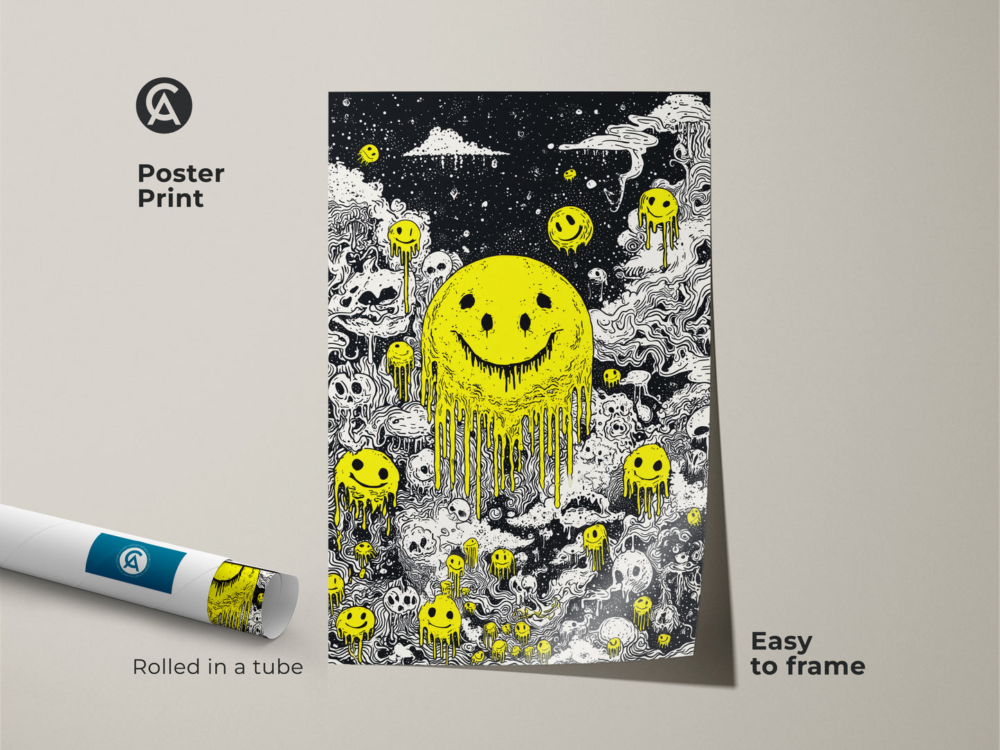 Poster print featuring a melting smiley face and skulls. This easy-to-frame poster is rolled in a tube for protection. The black and white artwork with a yellow smiley face is striking. This print is a great choice for adding some art to your space.
